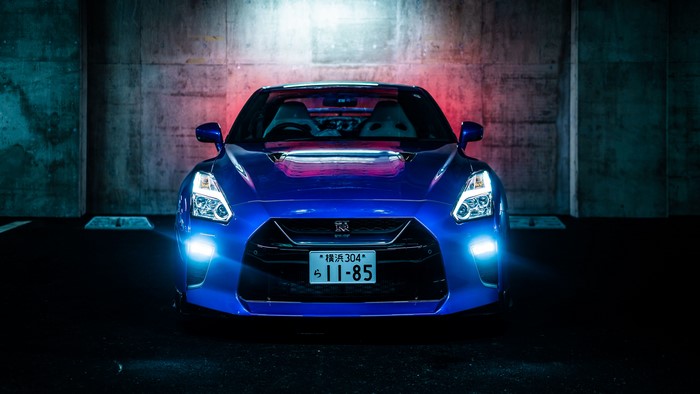 Blue Nissan GT-R in Parking Lot