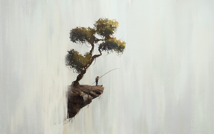 Artwork of a fisherman on a cliff with a tree