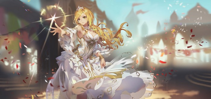 Anime princess with blond hair in a white dress
