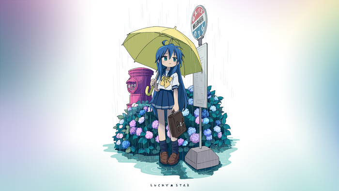 Konata Izumi from Lucky Star at a bus stop in the rain