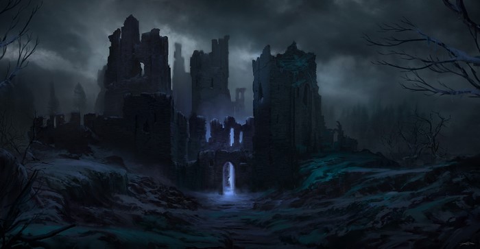 Ruined castle in a dark, snowy landscape