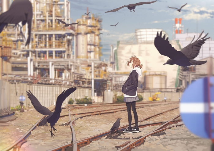 Anime girl and crows at industrial site with train tracks
