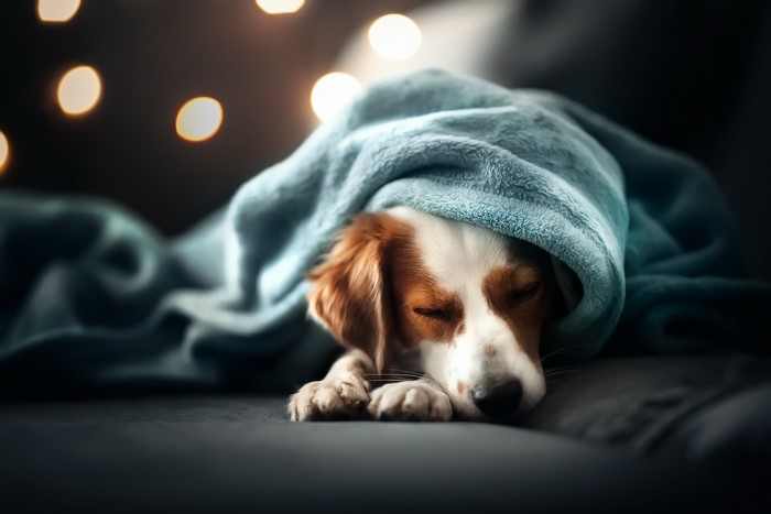 A dog sleeping under a blue blanket