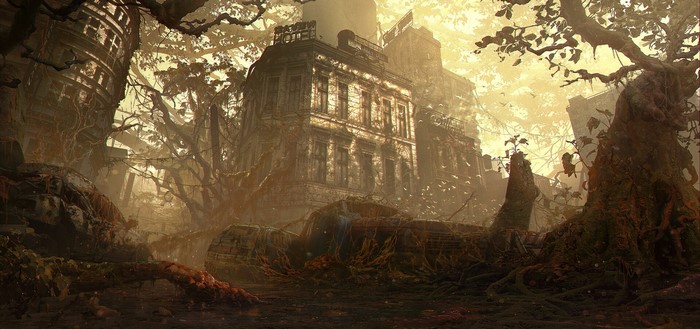 Apocalyptic cityscape with overgrown ruins