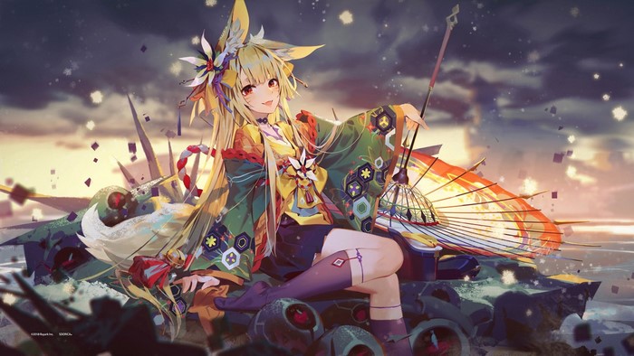 Anime girl with fox ears and kimono on a boat