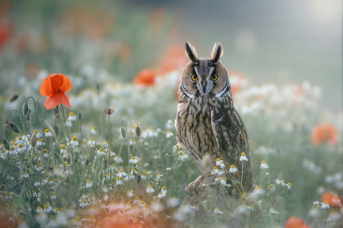Long-eared owl perched in a field of poppies and daisies