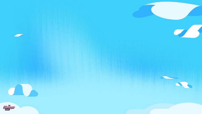 The Powerpuff Girls logo on a blue sky background with clouds