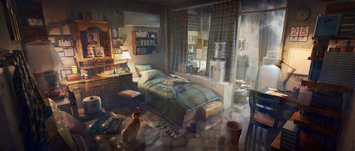 A cluttered bedroom with a bed and desk