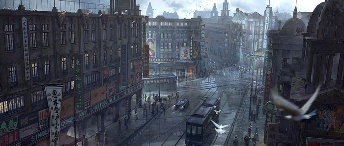 Street scene in Shanghai with trams and buildings