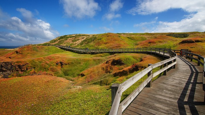 Wooden walkway through colorful hills in Australia
