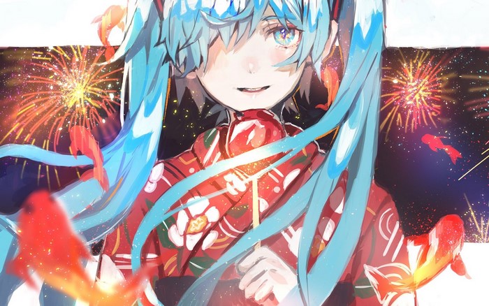 Hatsune Miku in Kimono with Fireworks