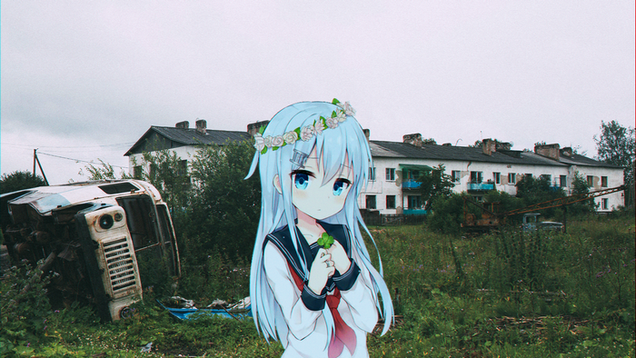 Anime girl with flower crown in abandoned Russian town