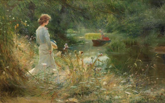 Woman by a River with a Man in a Boat