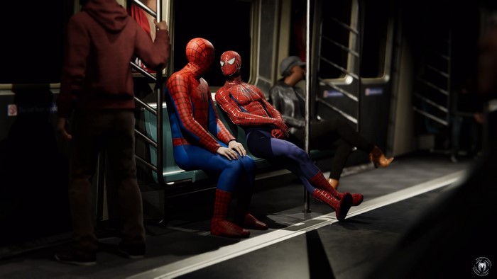 Spider-Man characters on a subway