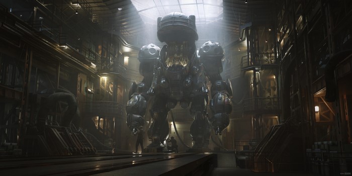 Giant mech in a futuristic industrial hangar