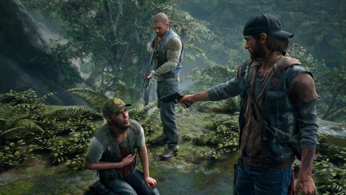 Days Gone: Three men in a forest, one with a gun