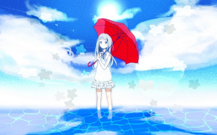 Menma from Anohana holding a red umbrella