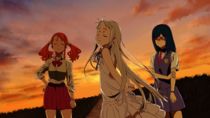 Three anime girls at sunset