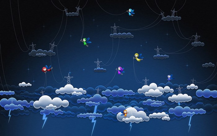 Cartoon fairies flying near power lines and clouds