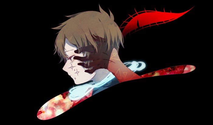 Dark anime art with red eye and hand