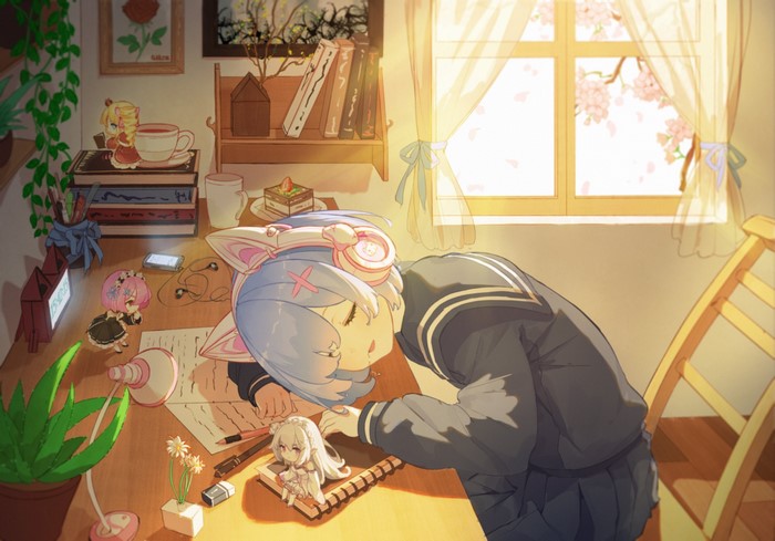 Rem from Re:Zero sleeping at a desk