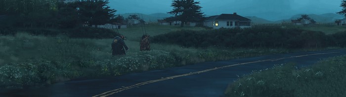 Tales From The Loop artwork with two figures by a road