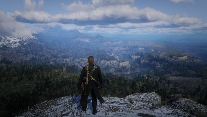 Man overlooking a vast landscape in Red Dead Redemption 2
