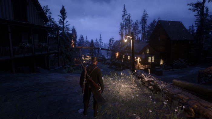 Man in coat in Red Dead Redemption 2 at night