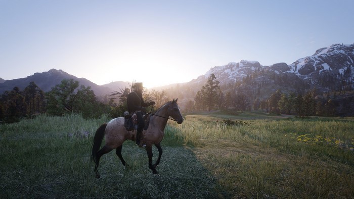 Man on horse in Red Dead Redemption 2 with mountains