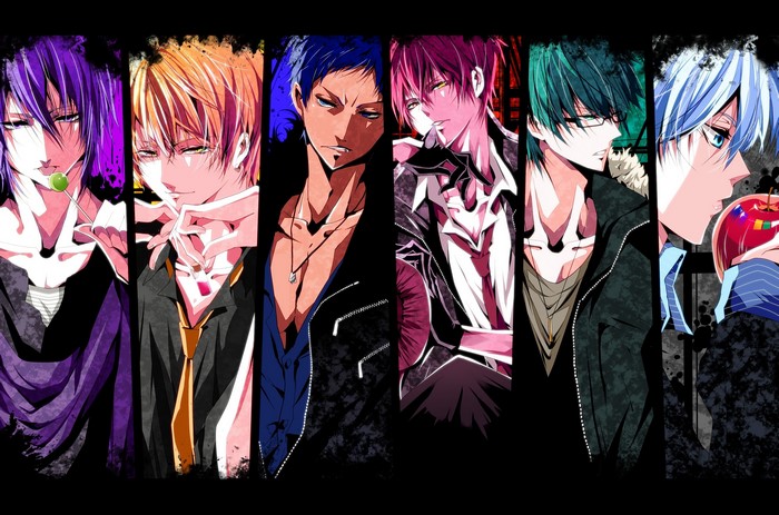 Collage of seven anime boys with different hair colors