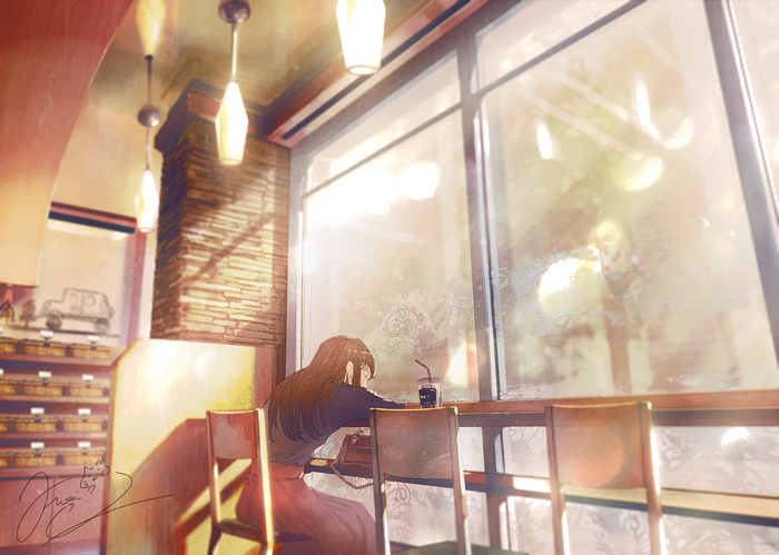 Anime girl in cafe by window
