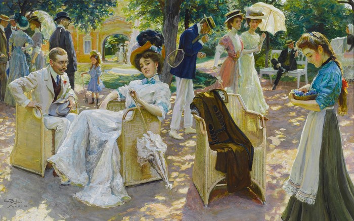 Garden Party with People in Victorian Attire