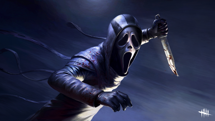 Ghostface from Dead by Daylight holding a bloody knife