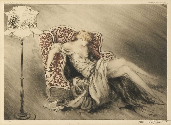 Woman in armchair by Louis Icart, 1928