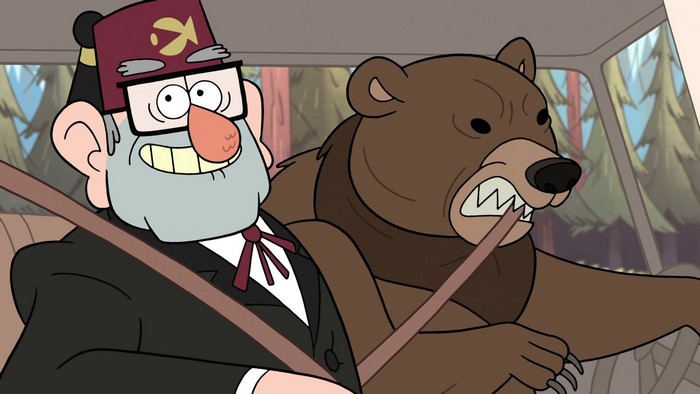 Stan Pines and a bear in a car from Gravity Falls