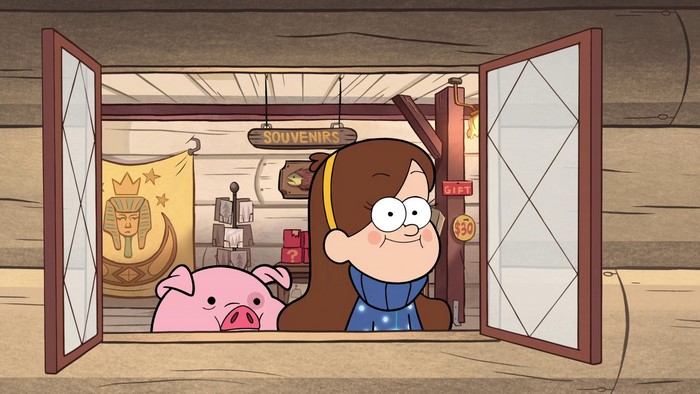 Mabel Pines and Waddles from Gravity Falls in a shop
