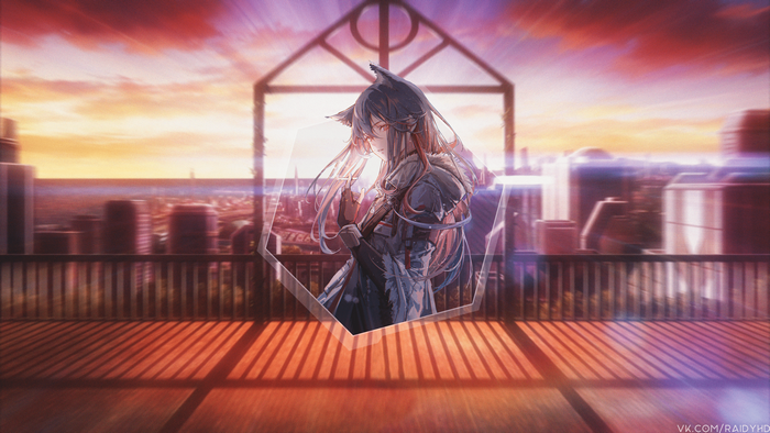 Anime girl with cat ears at sunset