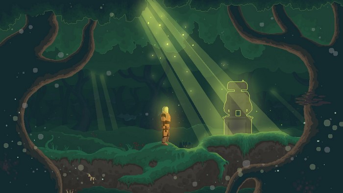 Pixel art of a character in a forest with light rays