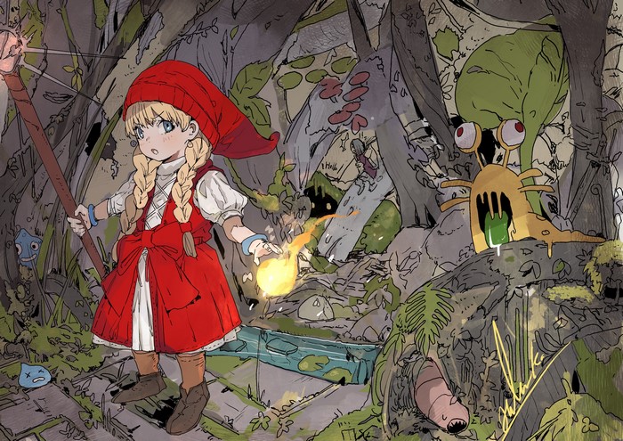 Fantasy girl with staff and magic in a forest with monsters
