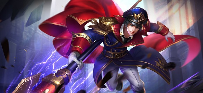 Anime character in military uniform with a cape and spear