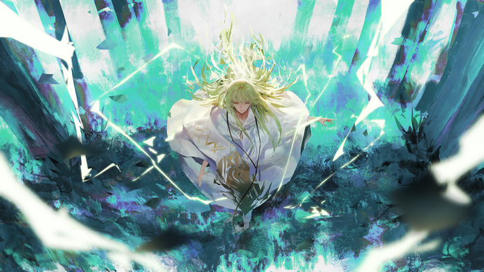 Enkidu from FGO with green hair and white clothing