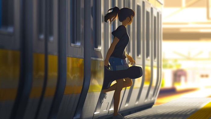 Anime girl with ponytail and guitar case at train station