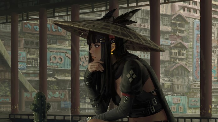 Anime girl with hat in a city