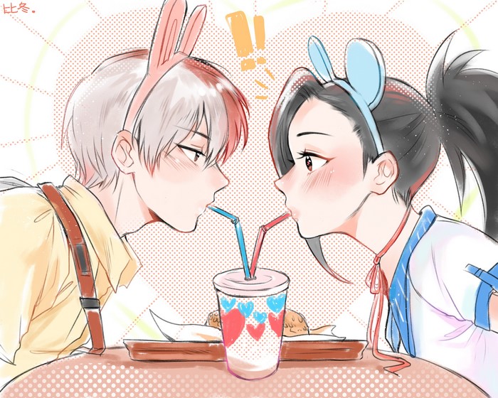 Shoto Todoroki and Momo Yaoyorozu from My Hero Academia sharing a drink