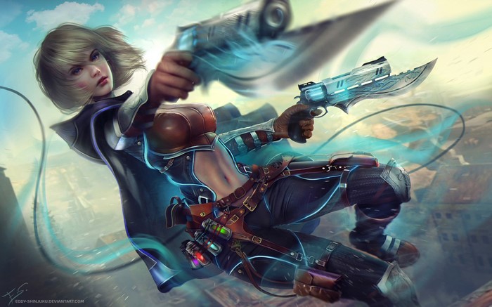 Woman with blonde short hair holding two futuristic guns