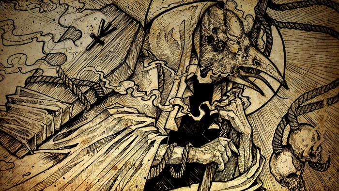 Occult bird-headed figure with casket and skulls