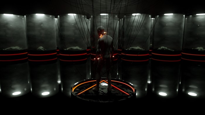 Man connected to wires in a futuristic lab