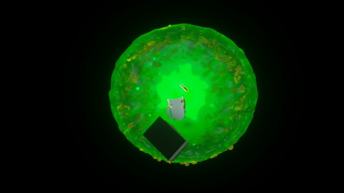 3D artwork of a green cell with a white figure and a black chip