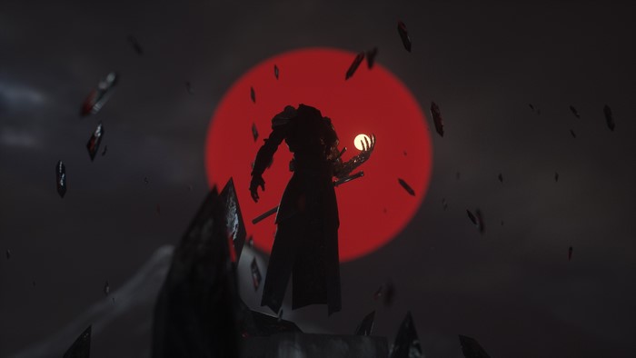 Samurai holding a glowing orb with a red sun