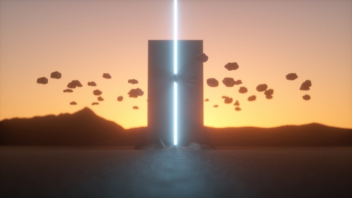 4K 3D illustration of a monolith with floating rocks